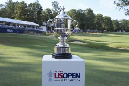 A general view of the Champions Trophy during the final round of the 2022 U.S. Women's Open. Mandatory Credit: David Yeazell-USA TODAY Sports
