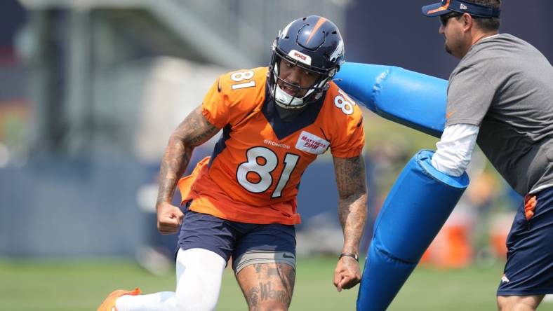 Jun 13, 2022; Englewood, CO, USA; Denver Broncos wide receiver Tim Patrick (81) during mini camp drills at the UCHealth Training Center. Mandatory Credit: Ron Chenoy-USA TODAY Sports