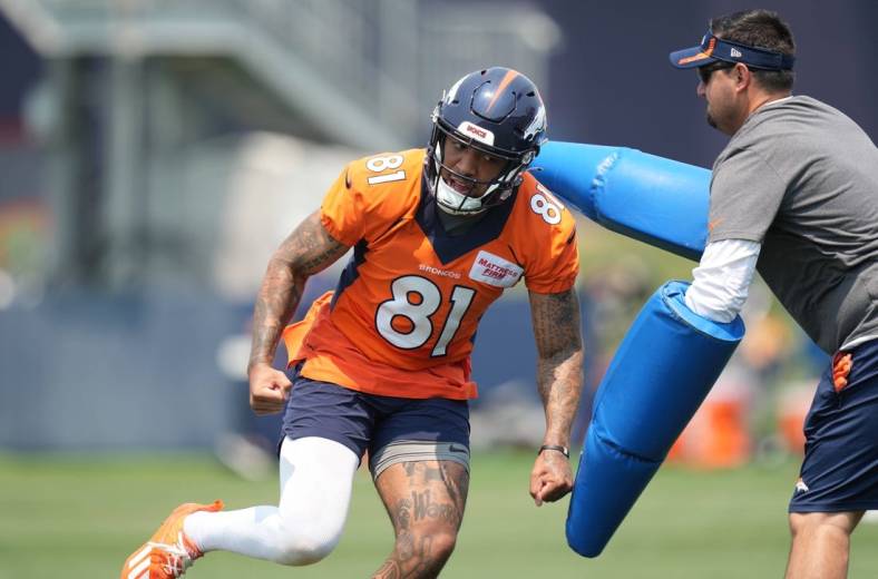 Jun 13, 2022; Englewood, CO, USA; Denver Broncos wide receiver Tim Patrick (81) during mini camp drills at the UCHealth Training Center. Mandatory Credit: Ron Chenoy-USA TODAY Sports