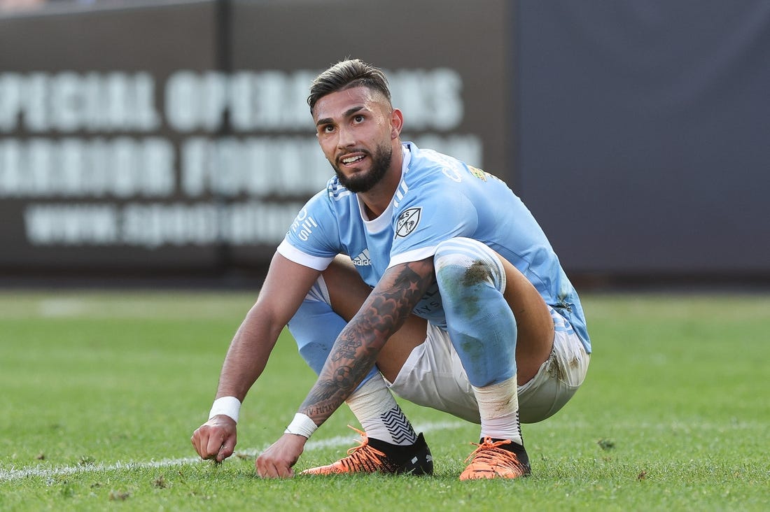 Jun 19, 2022; New York, New York, USA; New York City FC midfielder Valentin Castellanos (11) reacts after missing a shot on goal during the second half against the Colorado Rapids at Yankee Stadium. Mandatory Credit: Vincent Carchietta-USA TODAY Sports