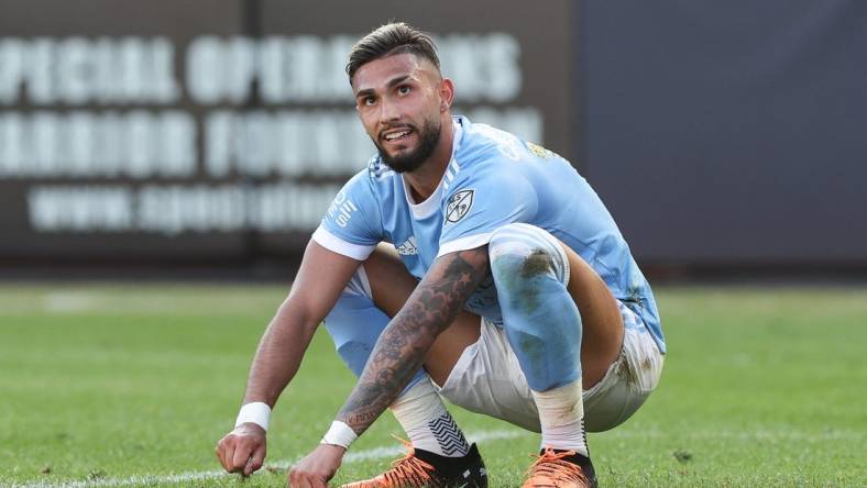 Jun 19, 2022; New York, New York, USA; New York City FC midfielder Valentin Castellanos (11) reacts after missing a shot on goal during the second half against the Colorado Rapids at Yankee Stadium. Mandatory Credit: Vincent Carchietta-USA TODAY Sports