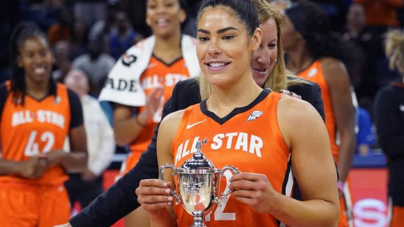 Jul 10, 2022; Chicago, Ill, USA; WNBA Commissioner Cathy Engelbert presents the WNBA All Star Game MVP Award to Team Wilson guard Kelsey Plum at Wintrust Arena. Mandatory Credit: David Banks-USA TODAY Sports