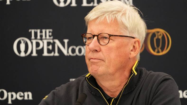 Jul 13, 2022; St. Andrews, SCT; Royal & Ancient chief executive Martin Slumbers holds a press conference at the 150th Open Championship golf tournament at St. Andrews Old Course. Mandatory Credit: Rob Schumacher-USA TODAY Sports