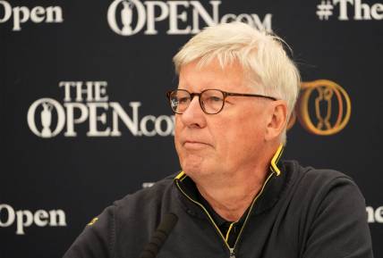 Jul 13, 2022; St. Andrews, SCT; Royal & Ancient chief executive Martin Slumbers holds a press conference at the 150th Open Championship golf tournament at St. Andrews Old Course. Mandatory Credit: Rob Schumacher-USA TODAY Sports