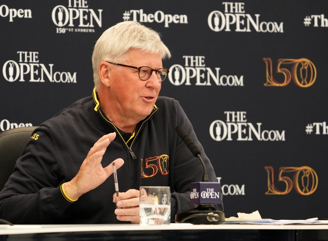 Jul 13, 2022; St. Andrews, SCT; Royal & Ancient chief executive Martin Slumbers holds a press conference at the 150th Open Championship golf tournament at St. Andrews Old Course. Mandatory Credit: Rob Schumacher-USA TODAY Sports