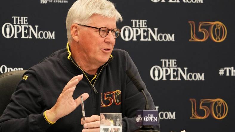 Jul 13, 2022; St. Andrews, SCT; Royal & Ancient chief executive Martin Slumbers holds a press conference at the 150th Open Championship golf tournament at St. Andrews Old Course. Mandatory Credit: Rob Schumacher-USA TODAY Sports