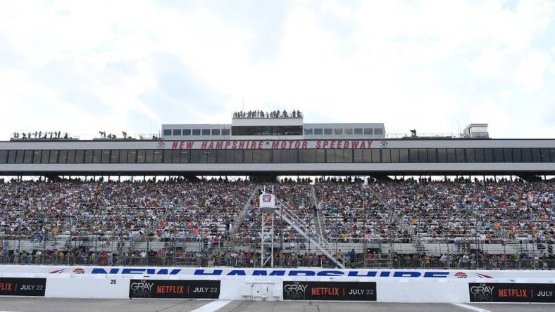 Jul 17, 2022; Loudon, New Hampshire, USA; The grandstand during the Ambetter 301 at New Hampshire Motor Speedway. Mandatory Credit: Eric Canha-USA TODAY Sports