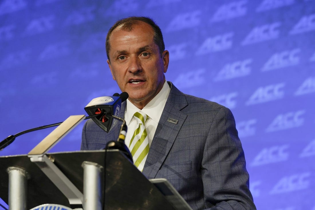 Jul 20, 2022; Charlotte, NC, USA; ACC commissioner Jim Phillips speaks to the media during ACC Media Days at the Westin Hotel in Charlotte.   Mandatory Credit: Jim Dedmon-USA TODAY Sports