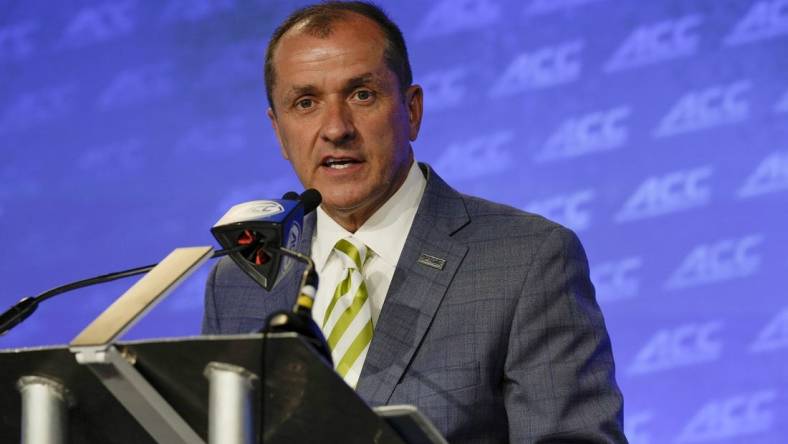 Jul 20, 2022; Charlotte, NC, USA; ACC commissioner Jim Phillips speaks to the media during ACC Media Days at the Westin Hotel in Charlotte.   Mandatory Credit: Jim Dedmon-USA TODAY Sports