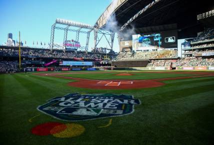 Jul 22, 2022; Seattle, Washington, USA;  The logo of the 2023 All-Star Game which will take place in Seattle is painted behind home plate before the game between the Seattle Mariners and the Houston Astros at T-Mobile Park. Mandatory Credit: Lindsey Wasson-USA TODAY Sports
