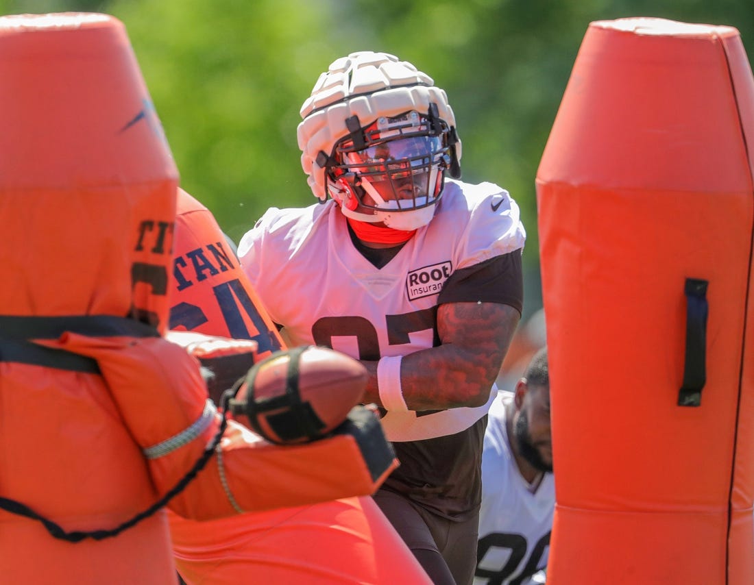 Cleveland Browns defensive end Perrion Winfrey works on pass rushing drill during training camp on Saturday, July 30, 2022 in Berea.

Akr 7 30 Browns 16