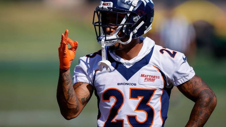 Aug 5, 2022; Englewood, CO, USA; Denver Broncos cornerback Ronald Darby (23) gestures during training camp at the UCHealth Training Center. Mandatory Credit: Isaiah J. Downing-USA TODAY Sports