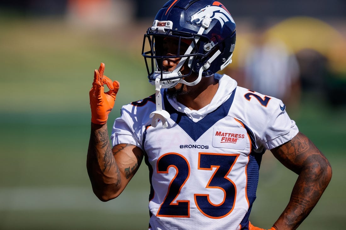 Aug 5, 2022; Englewood, CO, USA; Denver Broncos cornerback Ronald Darby (23) gestures during training camp at the UCHealth Training Center. Mandatory Credit: Isaiah J. Downing-USA TODAY Sports