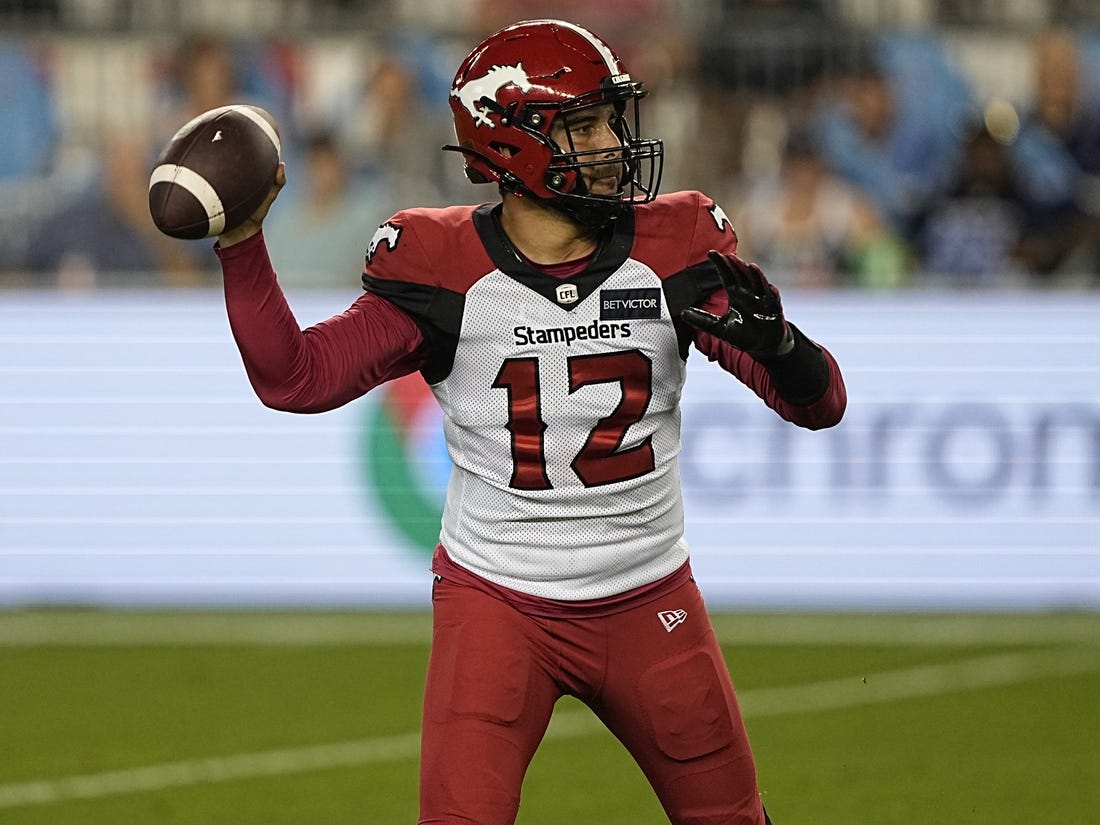 Aug 20, 2022; Toronto, Ontario, CAN; Calgary Stampeders quarterback Jake Maier (12) throws against the Toronto Argonauts during the second half at BMO Field. Mandatory Credit: John E. Sokolowski-USA TODAY Sports