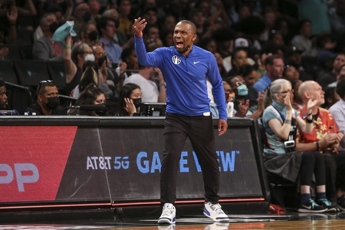 Aug 23, 2022; Brooklyn, New York, USA; Chicago Sky Head Coach James Wade yells out instructions in the third quarter against the New York Liberty at Barclays Center. Mandatory Credit: Wendell Cruz-USA TODAY Sports
