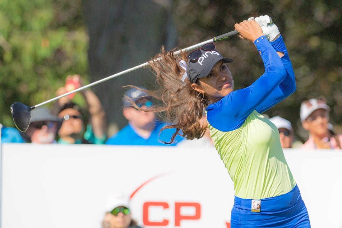 Aug 28, 2022; Ottawa, Ontario, CAN; Paula Reto from South Africa tees off frrom the 1st hole during the final round of the CP Women's Open golf tournament. Mandatory Credit: Marc DesRosiers-USA TODAY Sports