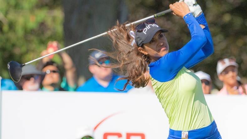 Aug 28, 2022; Ottawa, Ontario, CAN; Paula Reto from South Africa tees off frrom the 1st hole during the final round of the CP Women's Open golf tournament. Mandatory Credit: Marc DesRosiers-USA TODAY Sports