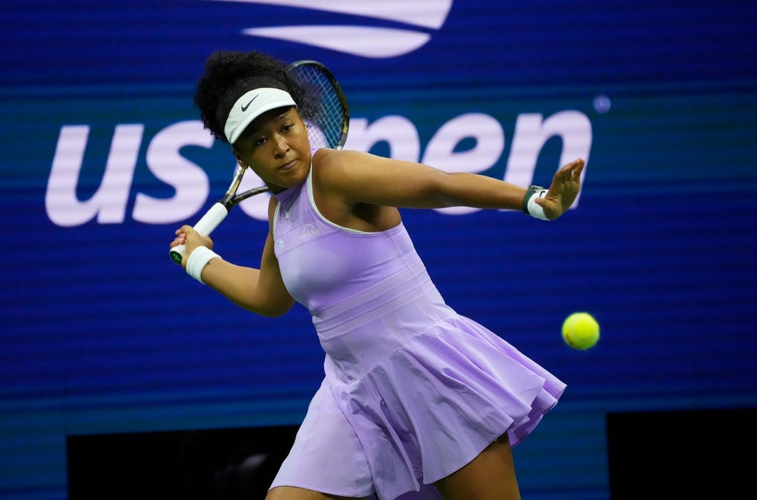 Aug 30, 2022; Flushing, NY, USA;    Naomi
Osaka of Japan hits to Danielle Collins of the USA on day two of the 2022 U.S. Open tennis tournament at USTA Billie Jean King National Tennis Center. Mandatory Credit: Robert Deutsch-USA TODAY Sports