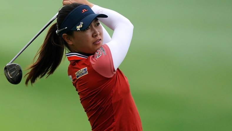 LPGA golfer Kelly Tan follows through on a shot on hole No. 1, Wednesday, Sept. 7, 2022, during a pro-am portion of the Kroger Queen City Championship golf tournament at Kenwood Country Club in Madeira, Ohio.

Kroger Queen City Champiosnhip Sept 6 0318