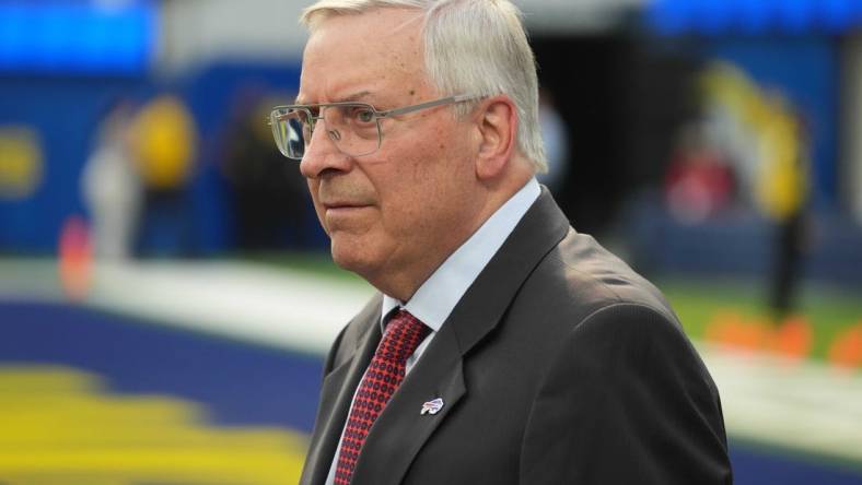 Sep 8, 2022; Inglewood, California, USA; Buffalo Bills owner Terry Pegula reacts during the game against the Los Angeles Rams at SoFi Stadium. The Bills defeated the Rams 31-10. Mandatory Credit: Kirby Lee-USA TODAY Sports