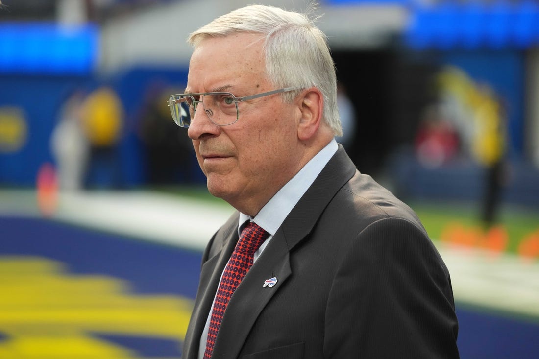 Sep 8, 2022; Inglewood, California, USA; Buffalo Bills owner Terry Pegula reacts during the game against the Los Angeles Rams at SoFi Stadium. The Bills defeated the Rams 31-10. Mandatory Credit: Kirby Lee-USA TODAY Sports