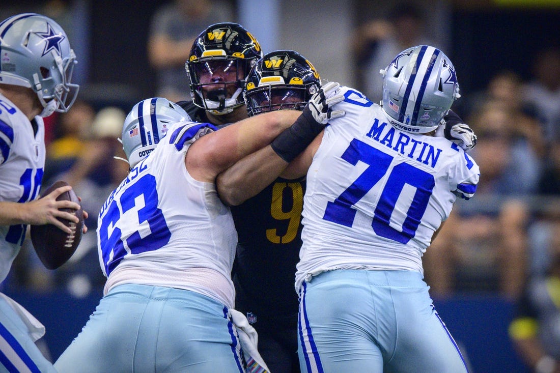 Oct 2, 2022; Arlington, Texas, USA; Dallas Cowboys center Tyler Biadasz (63) and guard Zack Martin (70) double team Washington Commanders defensive tackle Daron Payne (94) during the first quarter at AT&T Stadium. Mandatory Credit: Jerome Miron-USA TODAY Sports