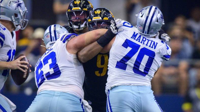 Oct 2, 2022; Arlington, Texas, USA; Dallas Cowboys center Tyler Biadasz (63) and guard Zack Martin (70) double team Washington Commanders defensive tackle Daron Payne (94) during the first quarter at AT&T Stadium. Mandatory Credit: Jerome Miron-USA TODAY Sports