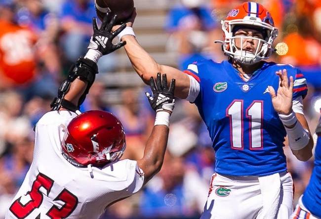 Eastern Washington Eagles linebacker Elijah Rodriguez (52) gets a hand on Florida Gators quarterback Jalen Kitna (11) in the second half at Steve Spurrier Field at Ben Hill Griffin Stadium in Gainesville, FL on Sunday, October 2, 2022. [Doug Engle/Gainesville Sun]

Ncaa Football Florida Gators Vs Eastern Washington Eagles