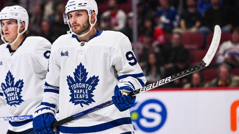Oct 3, 2022; Montreal, Quebec, CAN; Toronto Maple Leafs defenseman Victor Mete (98) waits for a face-off during the third period at Bell Centre. Mandatory Credit: David Kirouac-USA TODAY Sports