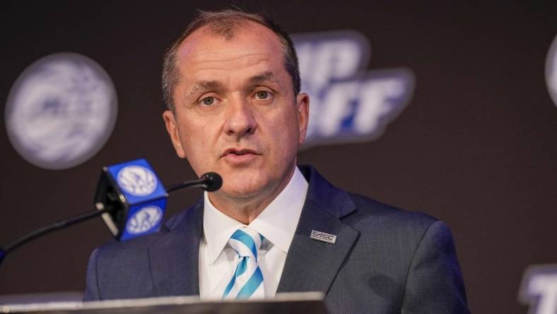 Oct 12, 2022; Charlotte, North Carolina, US; ACC commissioner James Phillips addresses the media during the ACC Men s  Basketball Tip-Off in Charlotte, NC.  Mandatory Credit: Jim Dedmon-USA TODAY Sports