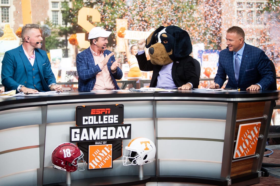 Lee Corso chooses Tennessee to defeat Alabama during ESPN's College GameDay show held outside of Ayres Hall on the University of Tennessee campus in Knoxville, Tenn. on Saturday, Oct. 15, 2022. The college football pregame show returned to Knoxville for the second time this season for No. 8 Tennessee's SEC rivalry game against No. 1 Alabama.

Kns Espn Gameday Bp