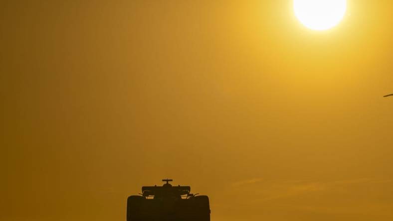 Oct 21, 2022; Austin, Texas, USA; A general view of an F1 driver during sunset in practice for the U.S. Grand Prix at the Circuit of the Americas. Mandatory Credit: Jerome Miron-USA TODAY Sports