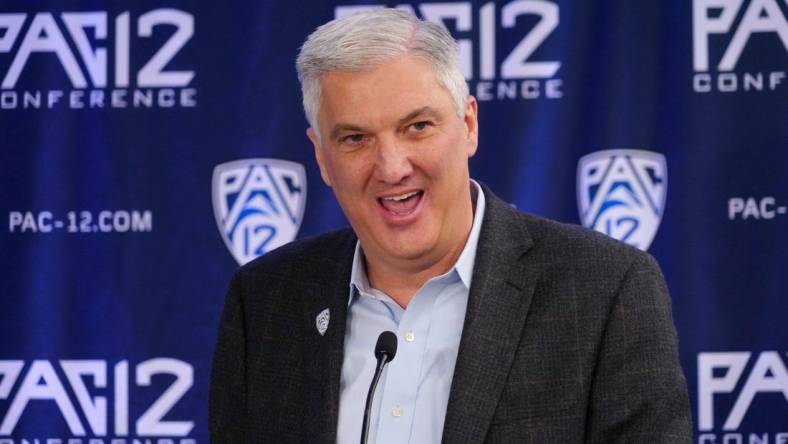 Oct 26, 2022; San Francisco, CA, USA; Pac-12 commissioner George Kliavkoff during Pac-12 Media Day at Pac-12 Network Studios. Mandatory Credit: Kirby Lee-USA TODAY Sports