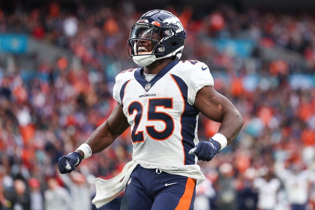 Oct 30, 2022; London, United Kingdom, Denver Broncos running back Melvin Gordon III (25) reacts after scoring a touchdown against the Jacksonville Jaguars in the third quarter during an NFL International Series game at Wembley Stadium. Mandatory Credit: Nathan Ray Seebeck-USA TODAY Sports