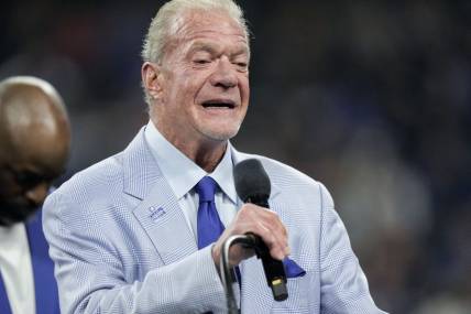 Oct 30, 2022; Indianapolis, Indiana, USA; Indianapolis Colts owner Jim Irsay speaks at a Ring of Honor induction ceremony for Tarik Glenn on Sunday, Oct. 30, 2022, during a game against the Washington Commanders at Indianapolis Colts at Lucas Oil Stadium in Indianapolis. Mandatory Credit: Max Gersh/IndyStar-USA TODAY Sports
