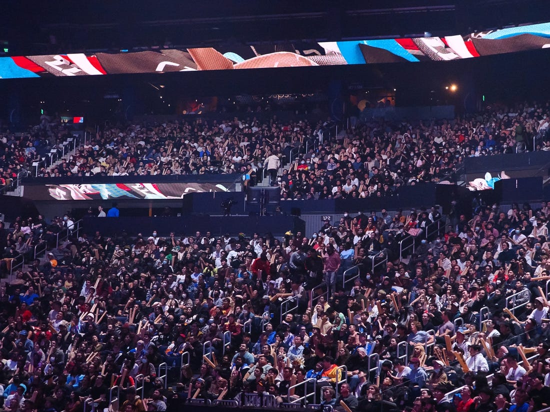 Nov 5, 2022; San Francisco, California, USA; A full arena during the League of Legends World Championships between DRX and T1 at Chase Center. Mandatory Credit: Kelley L Cox-USA TODAY Sports