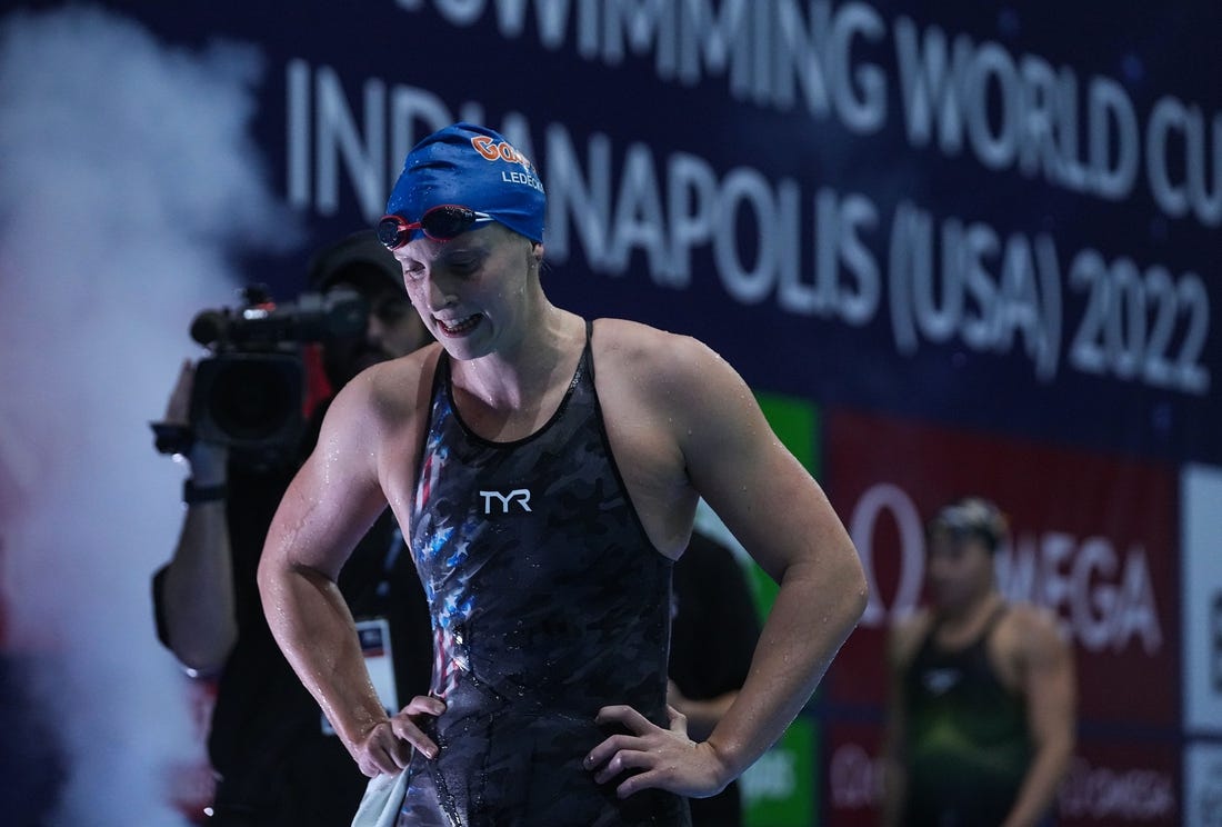 United States Katie Ledecky walks off the pool deck after breaking the 800 meter freestyle swim world record during the FINA Swimming World Cup finals on Saturday, Nov 5, 2022 in Indianapolis at Indiana University Natatorium.

Swimming Fina Swimming World Cup