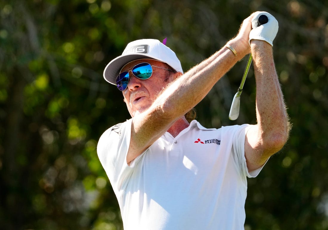 Nov 13, 2022; Phoenix, AZ, USA; Miguel Angel Jimenez plays his tee shot on the second hole during the final round of the Charles Schwab Cup Championship at Phoenix Country Club. Mandatory Credit: Rob Schumacher/Arizona Republic-USA TODAY NETWORK