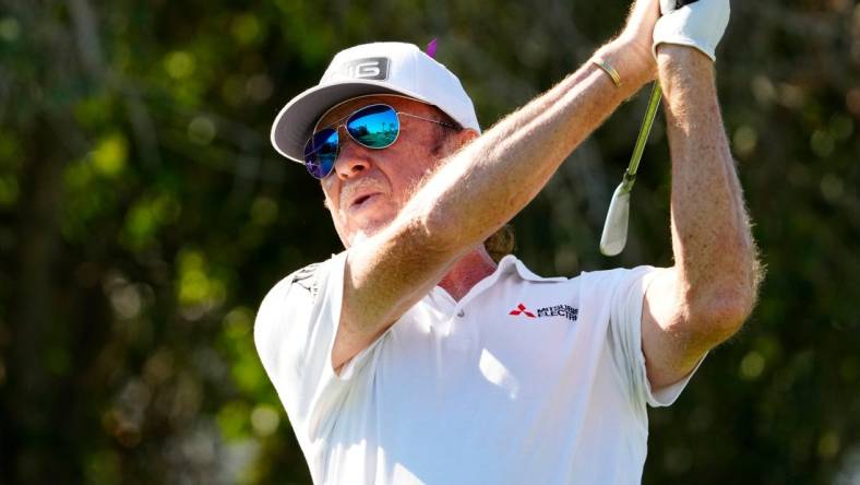 Nov 13, 2022; Phoenix, AZ, USA; Miguel Angel Jimenez plays his tee shot on the second hole during the final round of the Charles Schwab Cup Championship at Phoenix Country Club. Mandatory Credit: Rob Schumacher/Arizona Republic-USA TODAY NETWORK