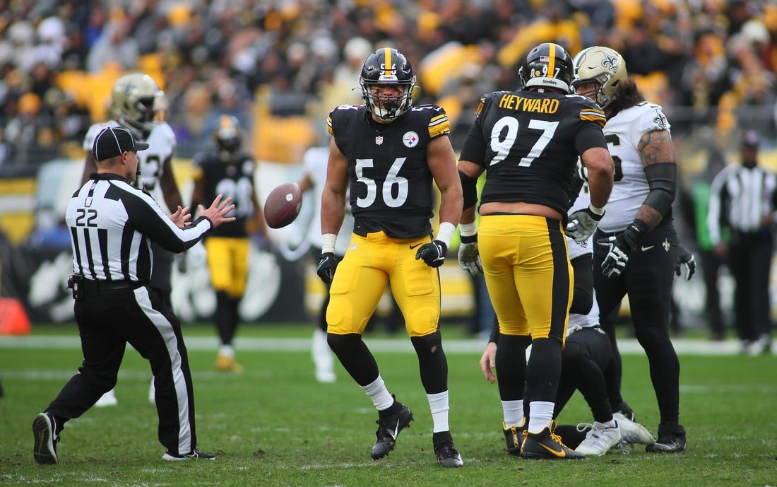 Pittsburgh Steelers Alex Highsmith (56) reacts after sacking New Orleans Saints Andy Dalton (14) during the first half at Acrisure Stadium in Pittsburgh, PA on November 13, 2022.

Pittsburgh Steelers Vs New Orleans Saints Week 10