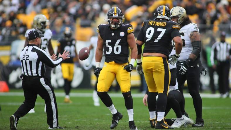 Pittsburgh Steelers Alex Highsmith (56) reacts after sacking New Orleans Saints Andy Dalton (14) during the first half at Acrisure Stadium in Pittsburgh, PA on November 13, 2022.

Pittsburgh Steelers Vs New Orleans Saints Week 10