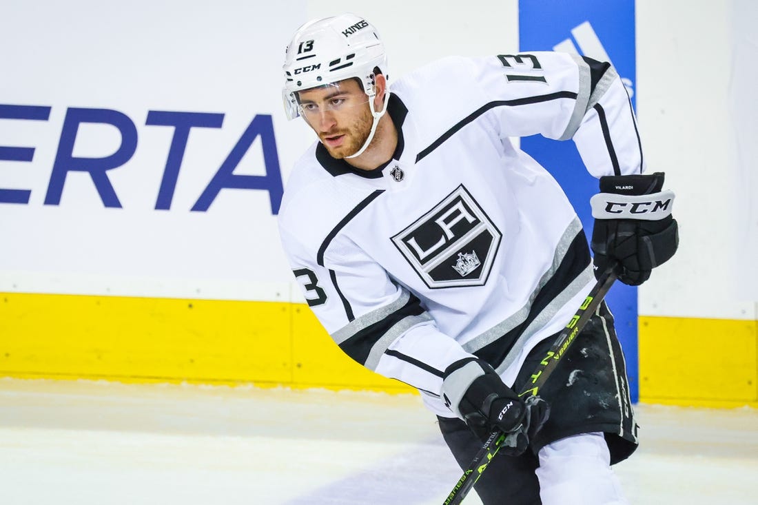 Nov 14, 2022; Calgary, Alberta, CAN; Los Angeles Kings right wing Gabriel Vilardi (13) skates during the warmup period against the Calgary Flames at Scotiabank Saddledome. Mandatory Credit: Sergei Belski-USA TODAY Sports