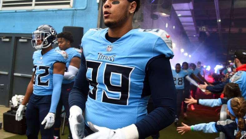 Nov 27, 2022; Nashville, Tennessee, USA; Tennessee Titans linebacker Rashad Weaver (99) waits to take the field before the game against the Cincinnati Bengals at Nissan Stadium. Mandatory Credit: Christopher Hanewinckel-USA TODAY Sports