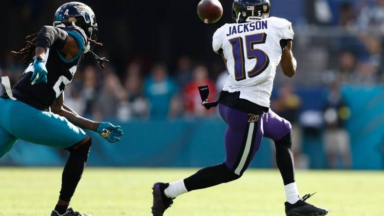 Nov 27, 2022; Jacksonville, Florida, USA; Baltimore Ravens wide receiver DeSean Jackson (15) makes a reception against the Jacksonville Jaguars during the second quarter at TIAA Bank Field. Mandatory Credit: Douglas DeFelice-USA TODAY Sports