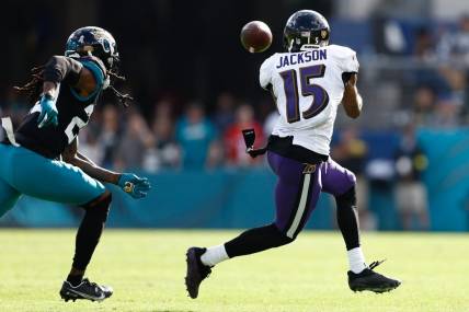Nov 27, 2022; Jacksonville, Florida, USA; Baltimore Ravens wide receiver DeSean Jackson (15) makes a reception against the Jacksonville Jaguars during the second quarter at TIAA Bank Field. Mandatory Credit: Douglas DeFelice-USA TODAY Sports