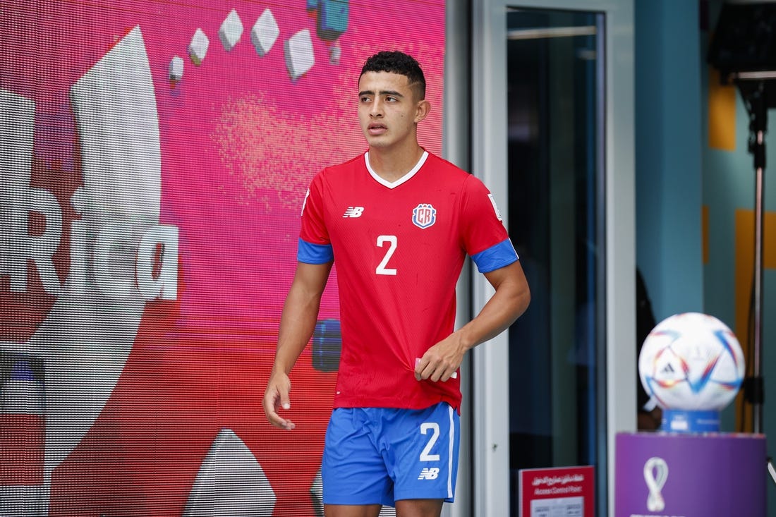 Nov 27, 2022; Al Rayyan, Qatar; Costa Rica midfielder Daniel Chacon (2) walks out to the pitch before a group stage match against Japan during the 2022 World Cup at Ahmad Bin Ali Stadium. Mandatory Credit: Yukihito Taguchi-USA TODAY Sports