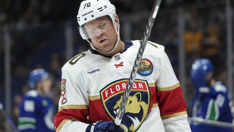 Dec 1, 2022; Vancouver, British Columbia, CAN; Florida Panthers right wing Patric Hornqvist (70) reacts during the second period against the Vancouver Canucks at Rogers Arena. Mandatory Credit: Bob Frid-USA TODAY Sports