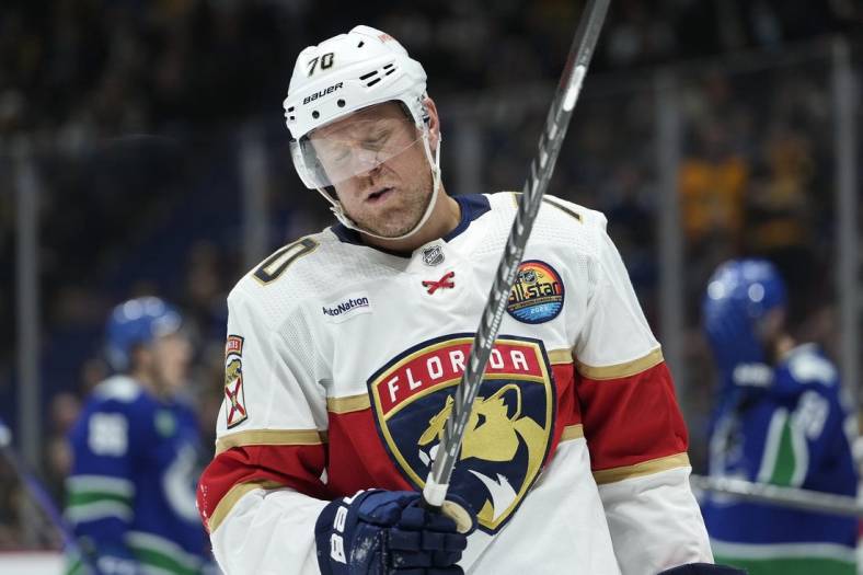 Dec 1, 2022; Vancouver, British Columbia, CAN; Florida Panthers right wing Patric Hornqvist (70) reacts during the second period against the Vancouver Canucks at Rogers Arena. Mandatory Credit: Bob Frid-USA TODAY Sports