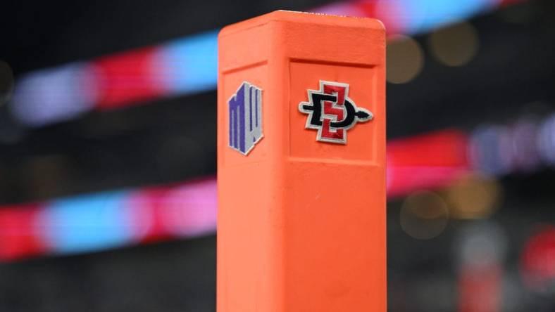 Nov 26, 2022; San Diego, California, USA; A detailed view of an end zone pylon with the San Diego State Aztecs and Mountain West logo during the second half against the Air Force Falcons at Snapdragon Stadium. Mandatory Credit: Orlando Ramirez-USA TODAY Sports