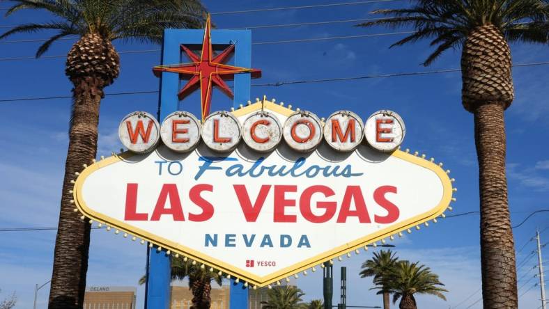 Dec 4, 2022; Paradise, Nevada, USA; The Welcome to Fabulous Las Vegas sign on the Las Vegas strip. Mandatory Credit: Kirby Lee-USA TODAY Sports